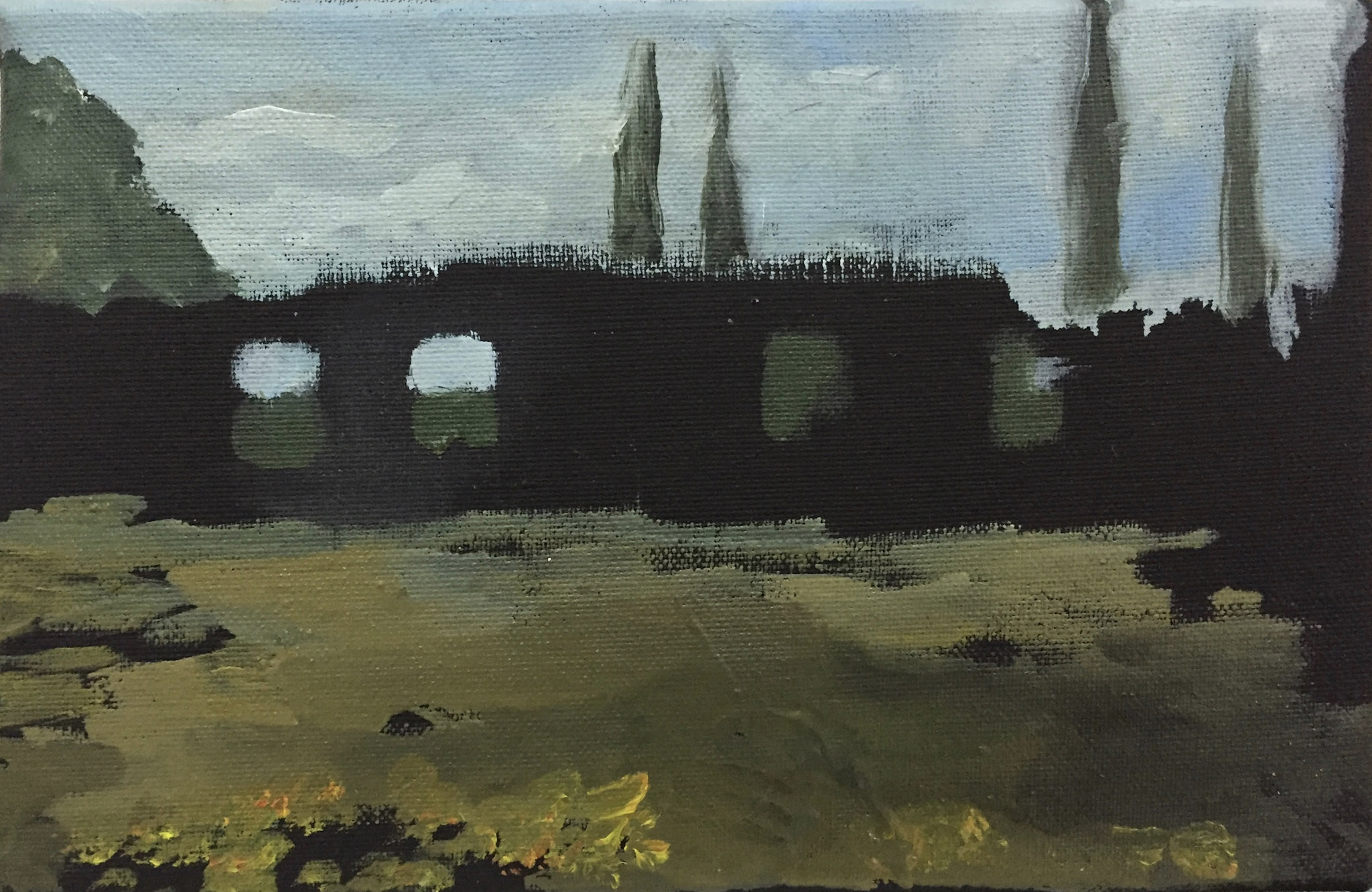 Rivesaltes: Las ruinas y la sombra III, 2015, óleo sobre lienzo, 14 × 22 cm