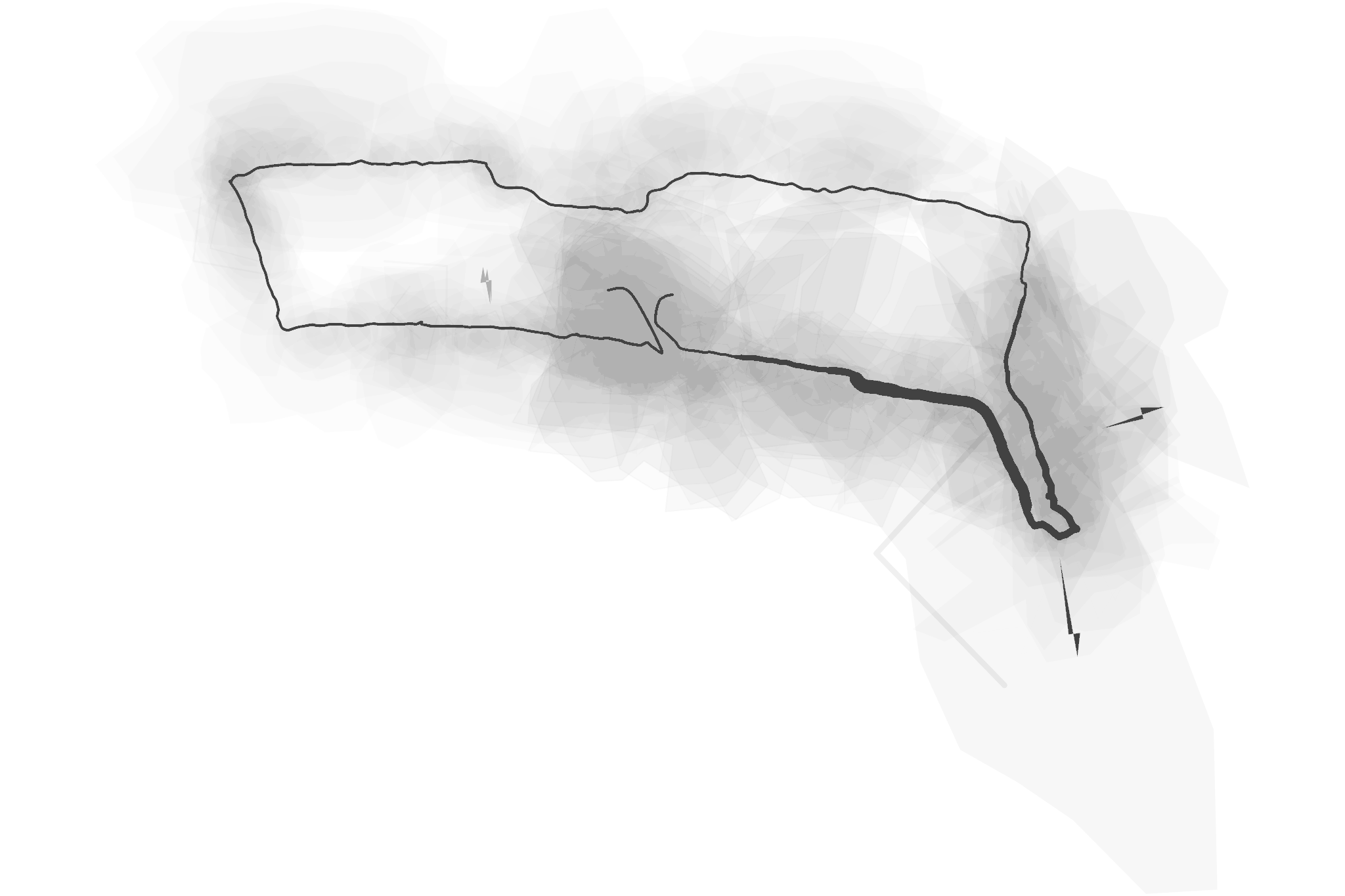 Apertura: dibujo en negro sobre blanco, línea y mancha generadas por GPS, con marcas sonoras