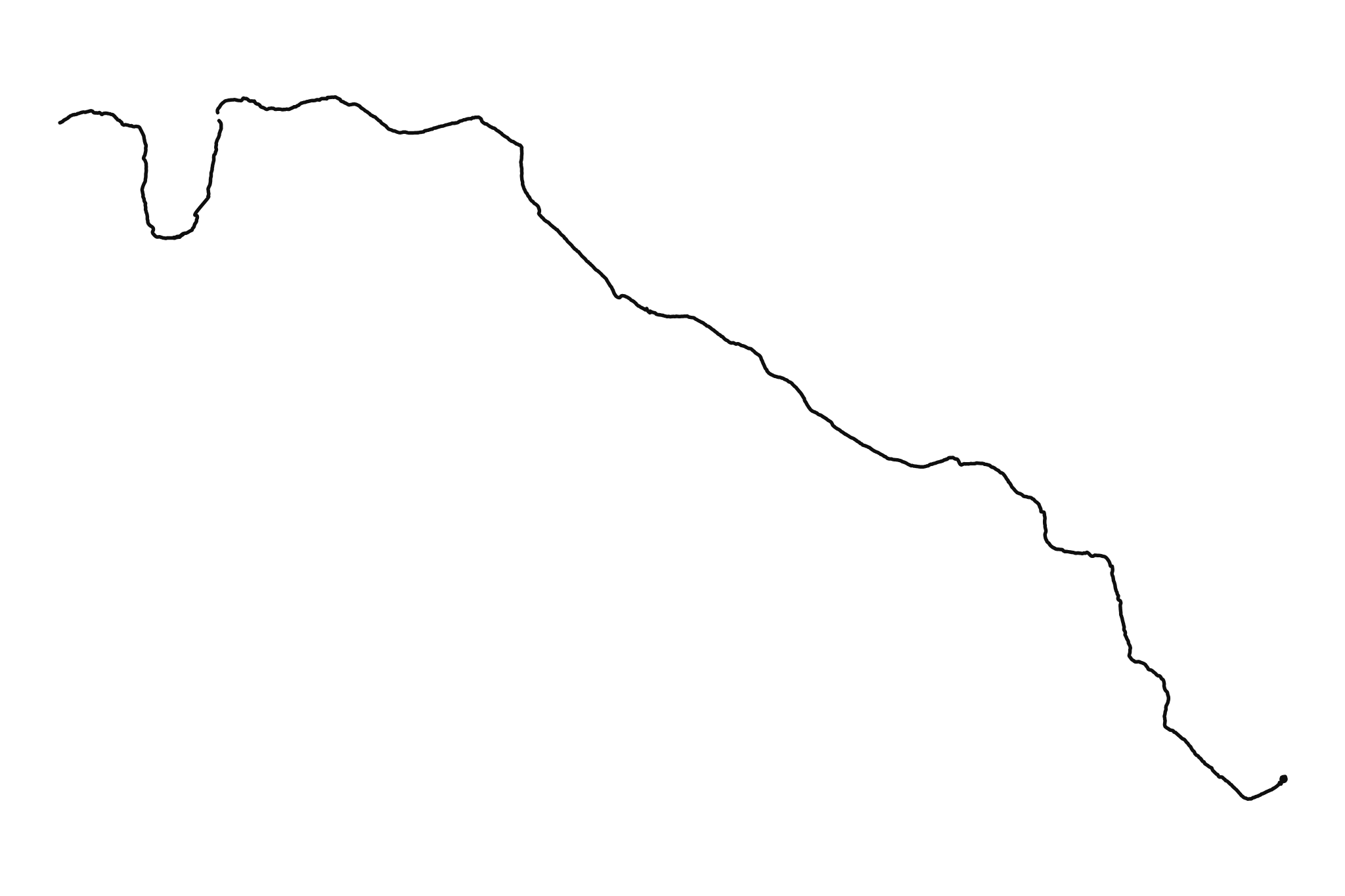 Río Alcalá con suspiro: dibujo en negro sobre blanco, línea y mancha generadas por GPS