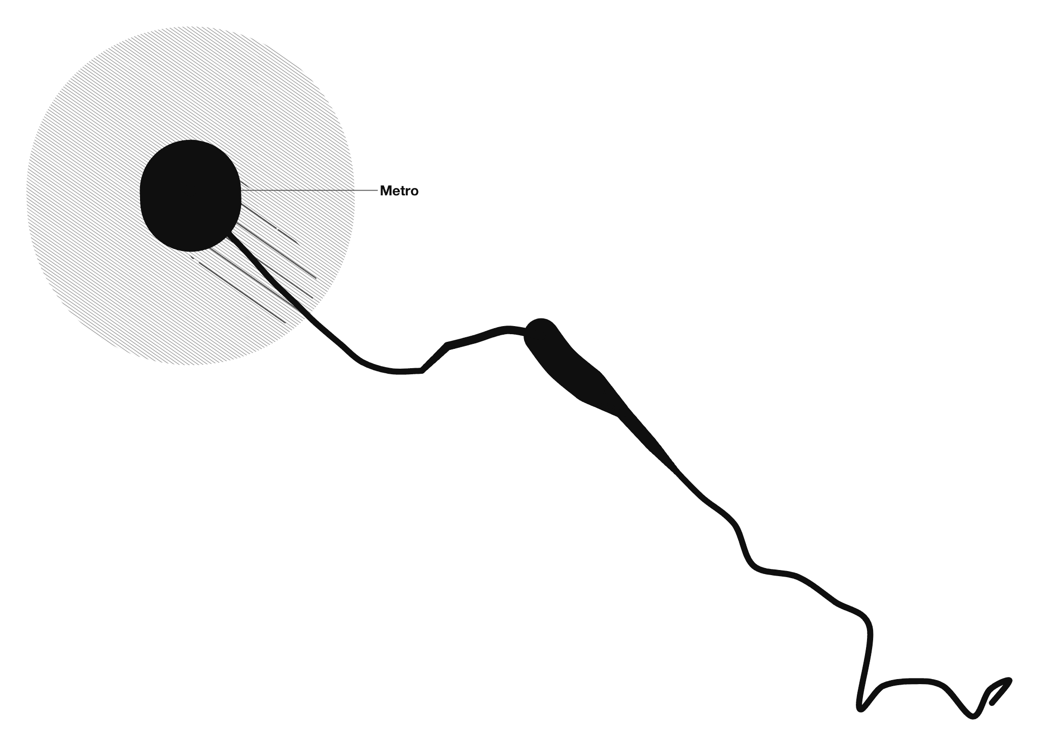 Rutina deconstruida: dibujo en negro sobre blanco, línea y mancha generadas por GPS, con la palabra «Metro» anclada al recorrido